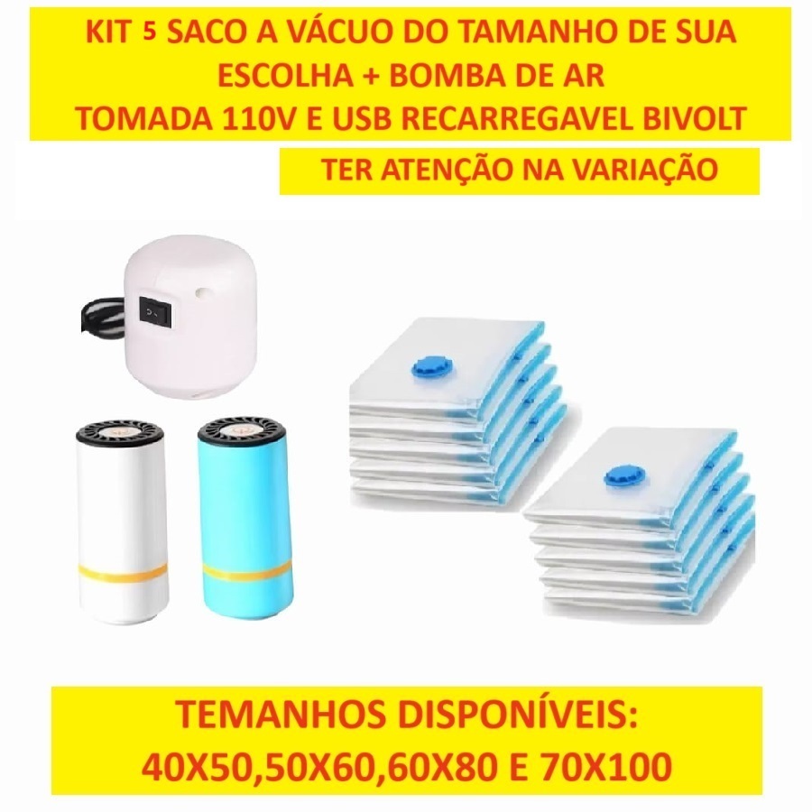 Conjunto 5 Sacos Com A Bomba Recarregável Bivolt Ou Elétrica 110v Diversos Tamanhos De Sacos Válvula