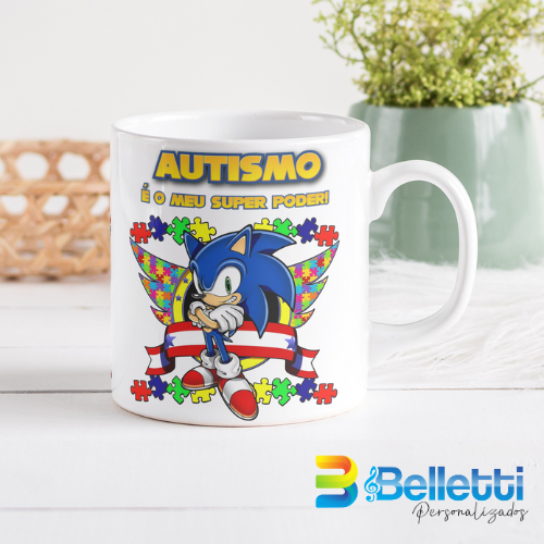 Caneca Personalizada de Porcelana - Tema Autismo com Personagem Sonic