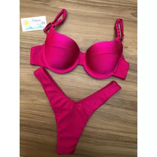 Biquini meia taça canelado c/ detalhes na alça em Oferta na Shopee