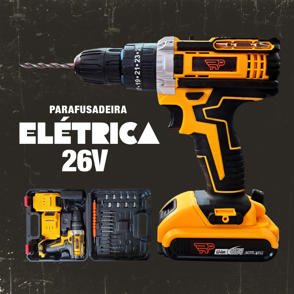 Furadeira Parafusadeira 26V Elétrica Impacto de 2 Baterias