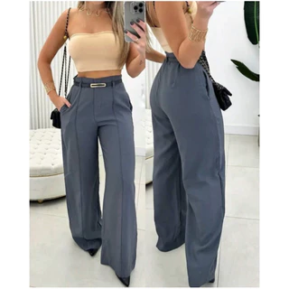 CALÇA PANTALONA FEMININA ALFAIATARIA COM CINTO DE COURO PRETO FINO E ZÍPER FRONTAL