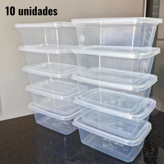 kit 10 Potes 1500ml Retangular Reutilizável Micro-ondas e Freezer Marmita Fitnees Lavável