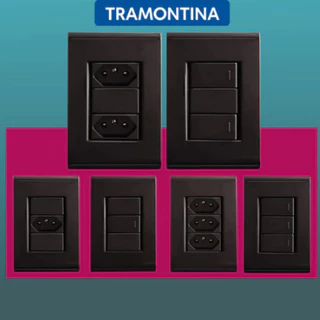 Conjunto Placa e Modulo Tramontina Liz Preto Grafite Tomada Interruptor