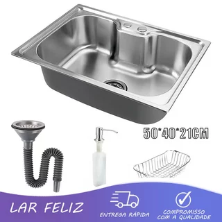 Cuba Para Cozinha Com Acessórios, 50x40x21cm, Gourmet, Com Borracha Anti-ruído, Aço Inox Escovado