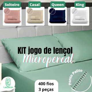 Kit Lençol Cama Casal Queen 400 fios Micropercal 03 Peças Ponto Palito