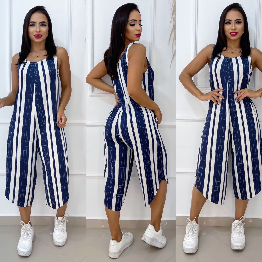 Macacão Pantacourt Pantacourt Plus Size Listrada Look Pantacourt