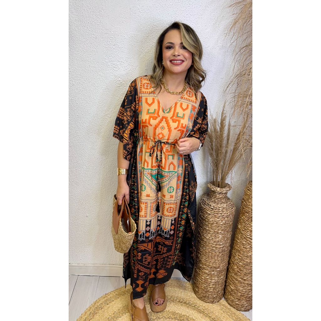 Tie Dye Plus Size Caftan Dress For Women - V-Neck Moroccan Kaftan With Side Split For Beach & Lounge Wear (Khaki) - View #12