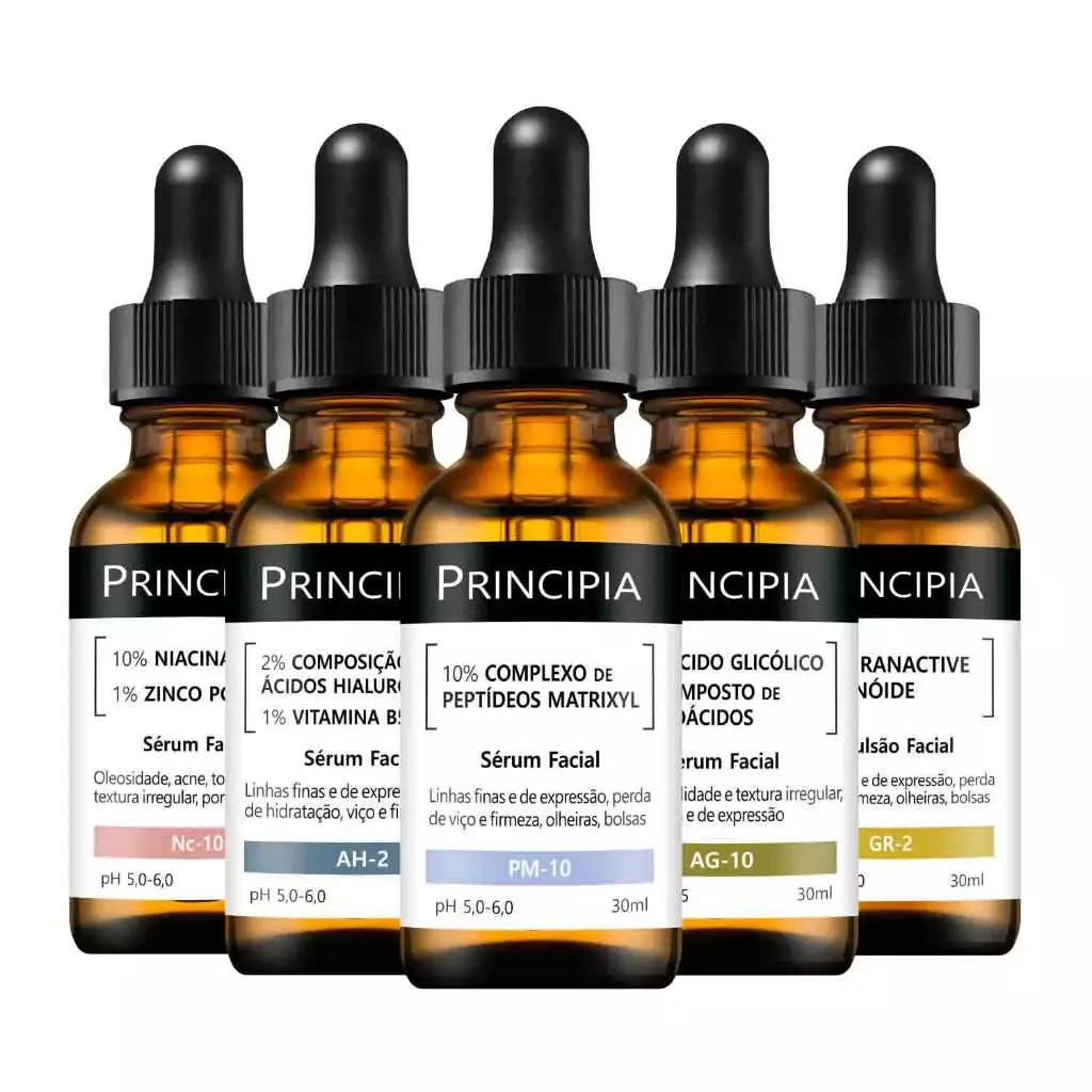 Kit 5 Séruns Principia Niacinamida + Hialurônicos + Peptídeos + Glicólico + Retinóide