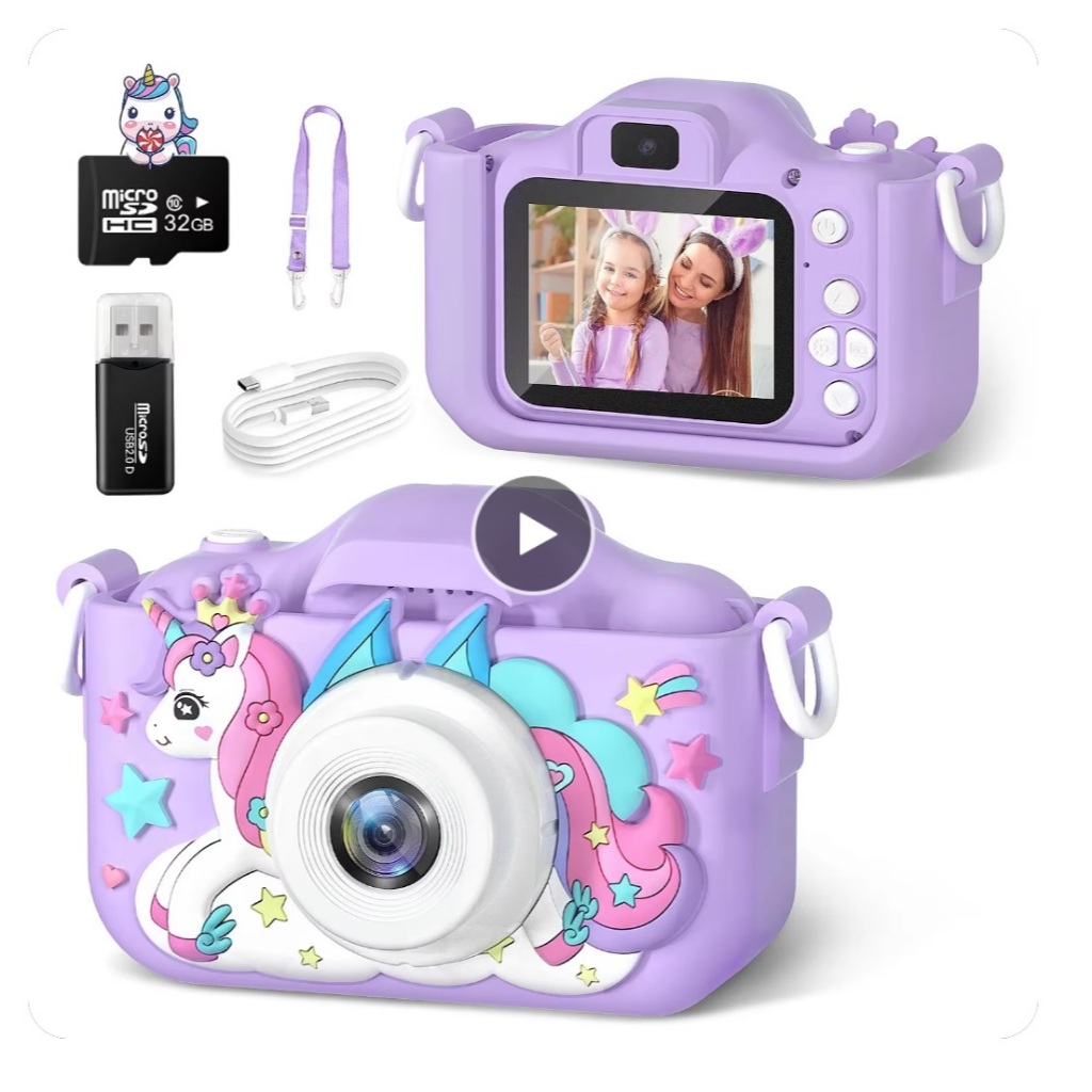 Unicorn Câmera Digital para Crianças, Mini Brinquedos Infantis, 1080p