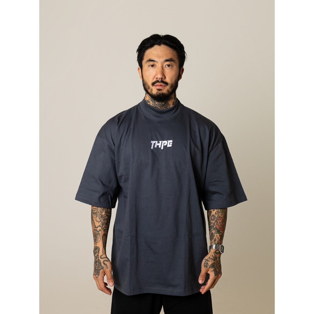 Camiseta Oversized Gola Alta Cinza Chumbo Embroidery | Shopee Brasil