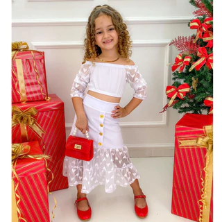 conjunto saia longa infantil em tule luxo festa natal ano novo blogueirinha mini dia gringa Borboletinhas kids
