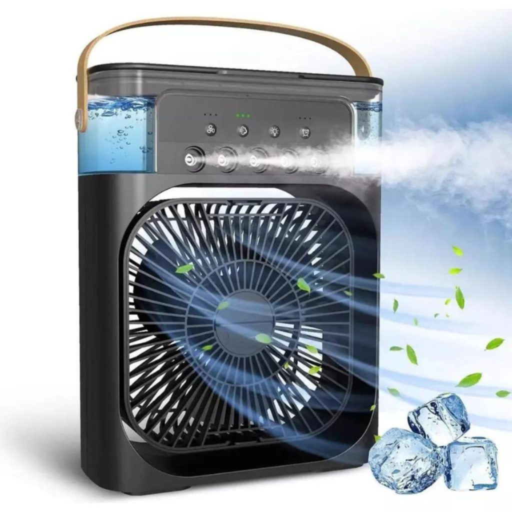 Mini Ventilador Umidificador Ar Condicionado Portátil 3 Velocidades Luzes Led 7 Cores USB