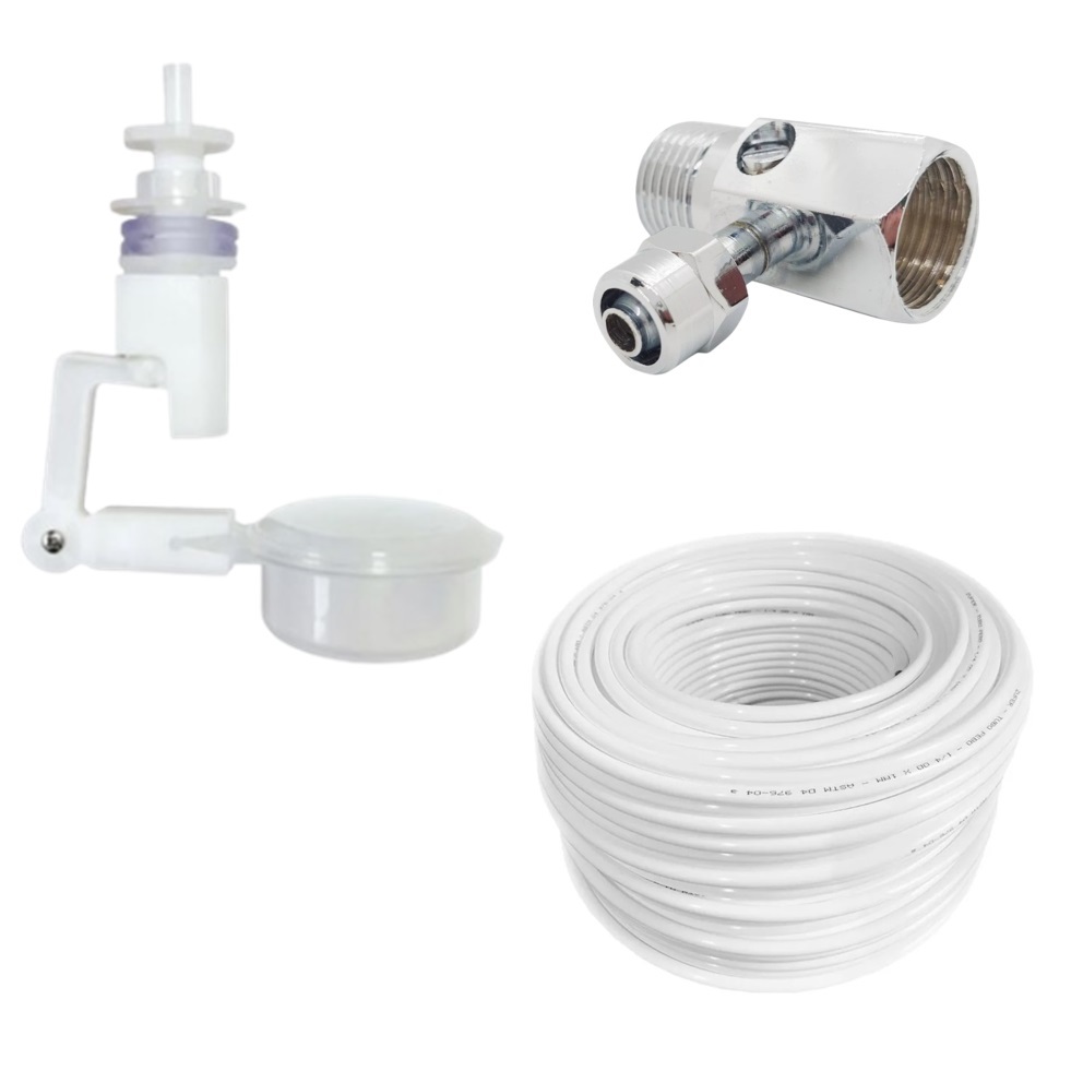 Kit Boia de Nível Abastecimento de Água + Mangueira Atóxica + Conexão em Metal Cromada com Reguladora de Pressão
