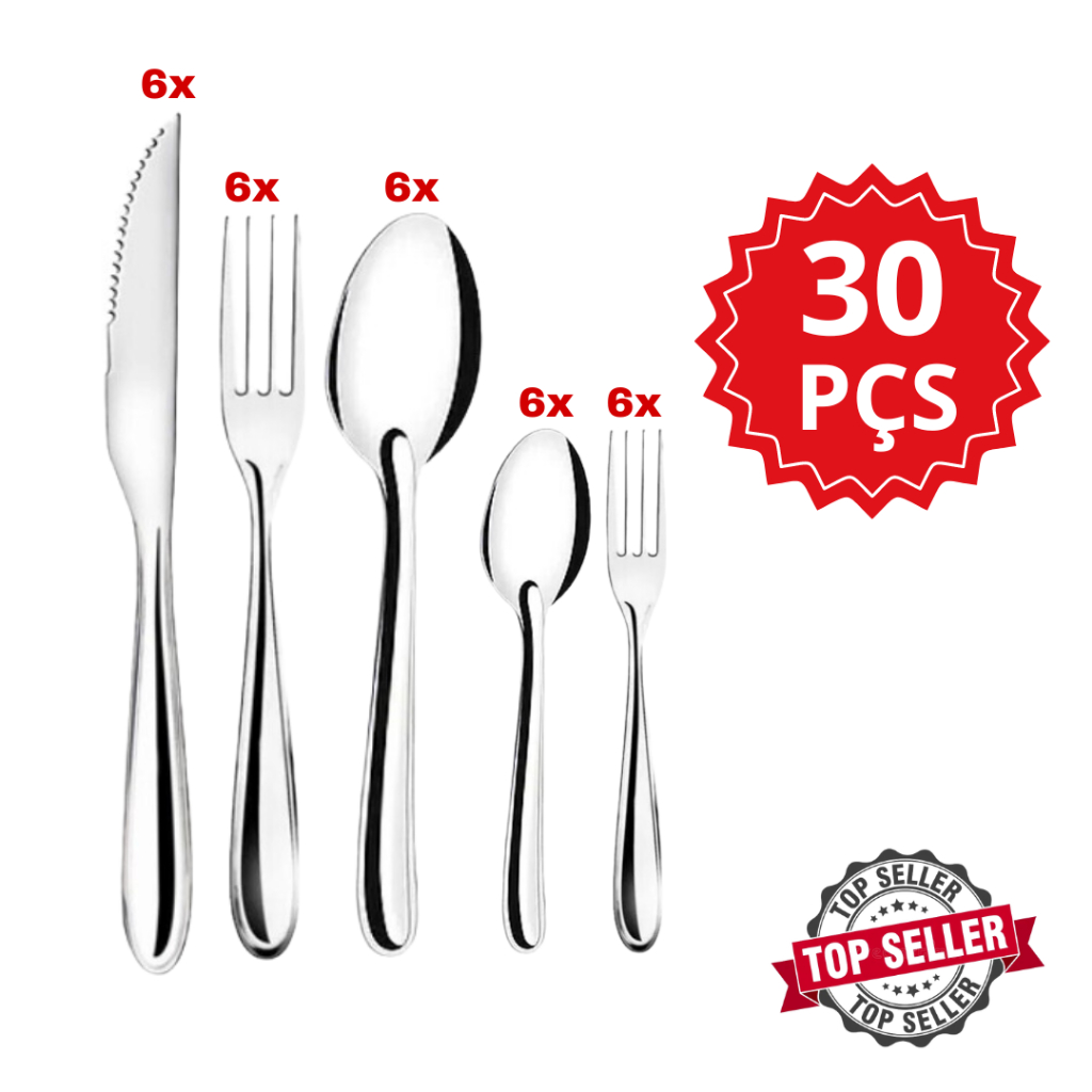 Jogo de Talher Inox 30 Peças com 6 Facas, 6 Garfos , 6 Colheres , 6 Colheres de Sobremesa e 6 Garfos de Sobremesa