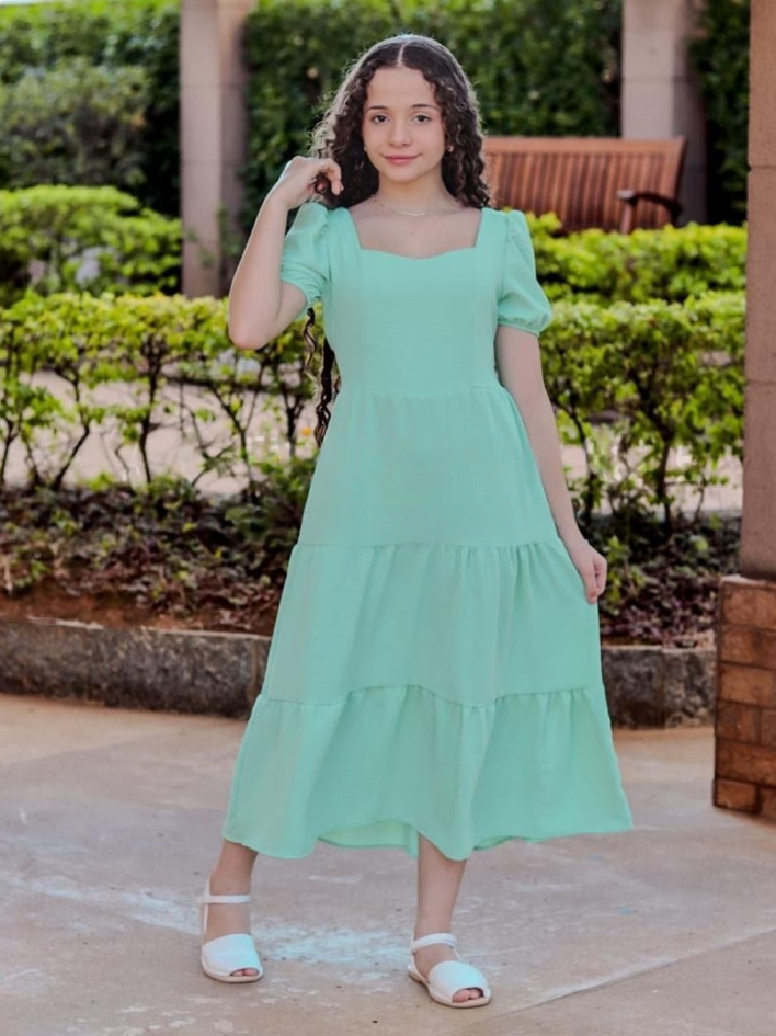 Vestido Longo Infantil Juvenil Duna com Manga Primavera Verão