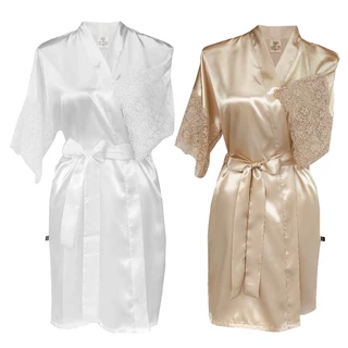 Kit com 2 Robes Roupão de Cetim com manga curta de renda noiva, mãe da noiva, madrinha em Oferta na Shopee