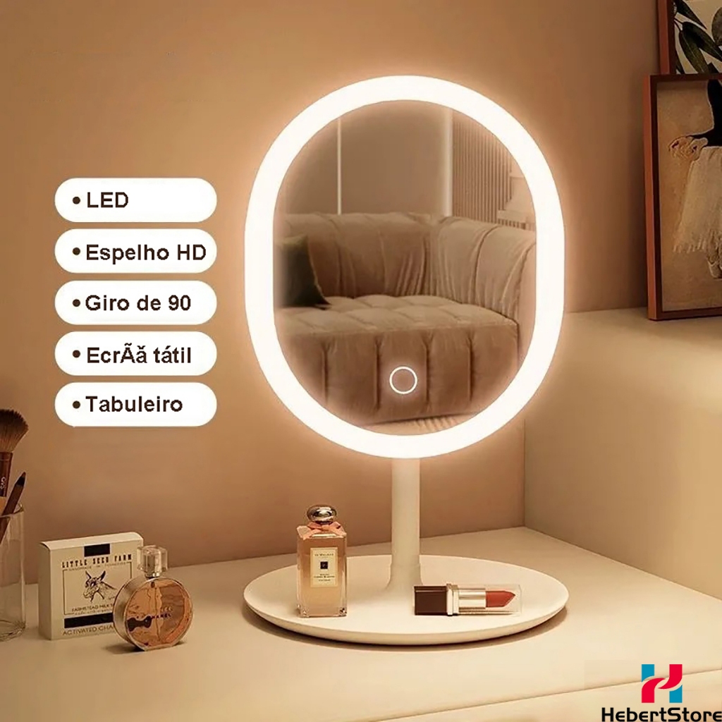 Espelho Com Led 3 Cores Para Maquiagem Com Botão De Toque Sem Fio Portátil Recarregável Dimerizável Usb Com Base XDH18