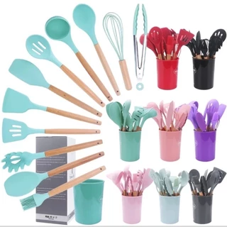 jogo Kit com 12 Peças Utensílios De Cozinha Colheres Espatula Silicone Cabo Madeira Decoração Livre BPA /n-014