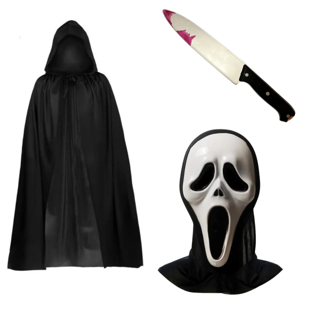 Fantasia Amostradinho Halloween Morte Roupa Máscara Faca