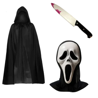 Fantasia Amostradinho Halloween Morte Roupa Máscara Faca