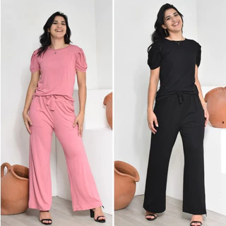Kit 2 Conjuntos Feminino Blusa Manga Princesa Plissada + Calça Pantalona Cintura Alta Viscolycra Cintura Alta Com Bolso