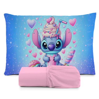 JOGO DE LENÇOL SOLTEIRO INFANTIL STITCH MILSHAKE CORAÇÃO FRONHA TRAVESSEIRO, LENÇOL DE ELASTICO em Oferta na Shopee
