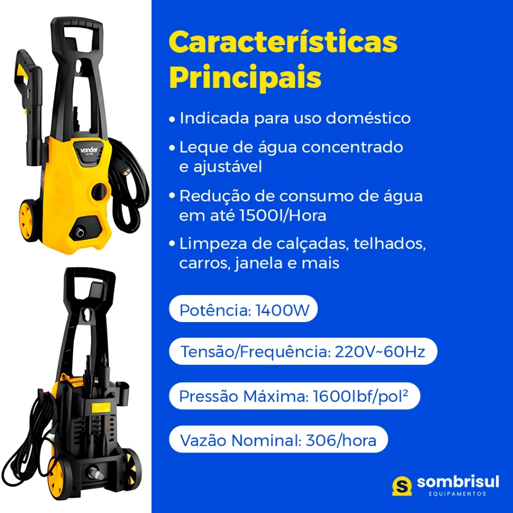 Lavadora De Alta Pressão Vonder C/ Rodas, 1.600 lbf/pol² 1400w Super Potente - Original Vonder - Imagem 2