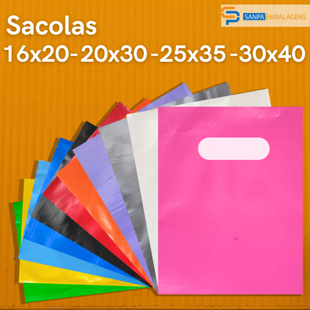 100 Sacolas Plásticas - Alça Vazada Boca de Palhaço 16x20 / 20x30 / 30x40