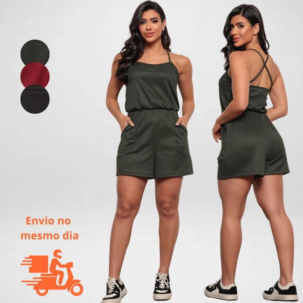 Macaquinho feminino de alcinha malha canelada premium com bolso