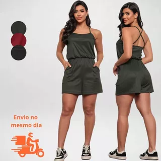 Macaquinho feminino de alcinha malha canelada premium com bolso