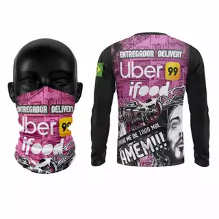 Kit camiseta manga longa mais bandana uber entregador ifood 99 motoboy delivery livrai de todo mal