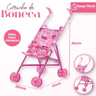 Carrinho de Boneca de Plástico Infantil Estampado Passeio Divertido Menina 53cm