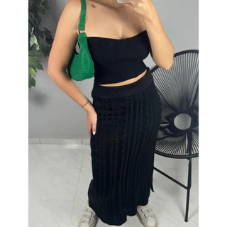 Saia Longa Feminina Fenda Lateral Tricot Tramas Moda Evangélica Aerolook Cintura Alta