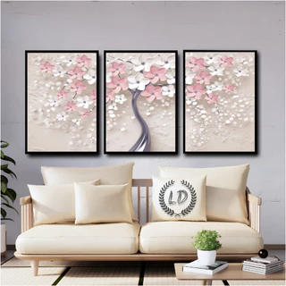 Quadros Decorativos Mosaico 3 Peças 60x40 Árvore de Cerejeiras Rose Moderno Sala Quarto Escritório