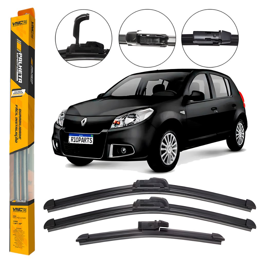 Kit 3 Palhetas Limpador De Parabrisa Dianteiro + traseiro Renault Sandero 2007 2008 2009 2010 2011 2012 2013 2014