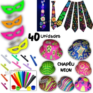 Kit Festa 40un , Chapéu, Gravata, Máscara, Pulseira Bate-Enrola, Aniversário, Casamento, Balada, formatura, Adereços
