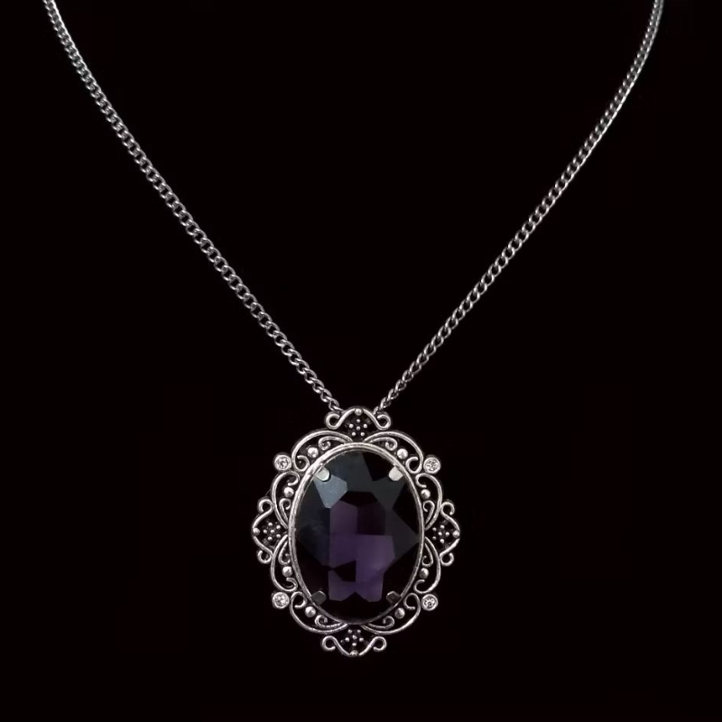 Colar com pingente de camafeu com pedra de vidro roxa e corrente aço inoxidável (Vintage/Vitoriano/Gótico)