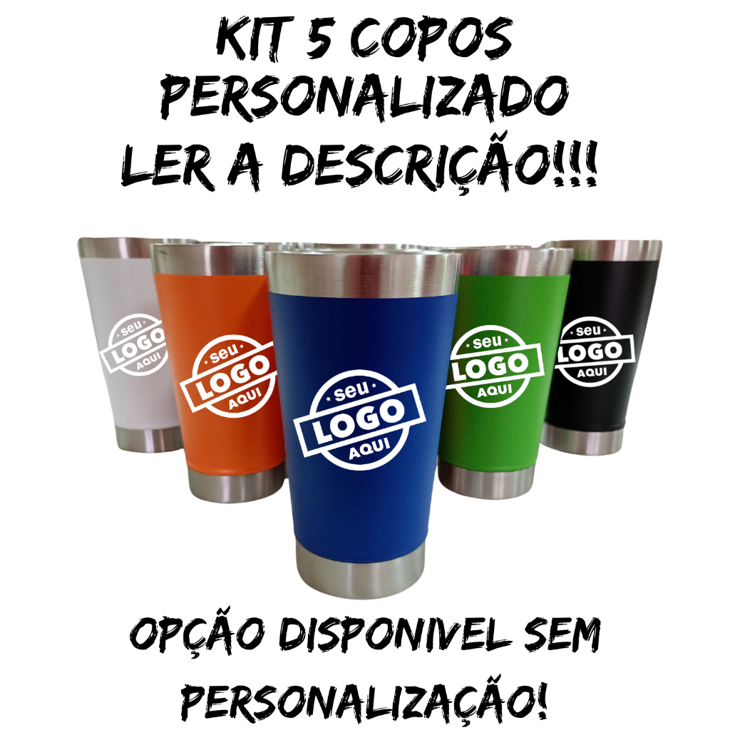 Kit 5 Copo Térmico Personalizado Tampa Abridor 473ml Cerveja Inox Gelada Quente Caneca Times Futebol