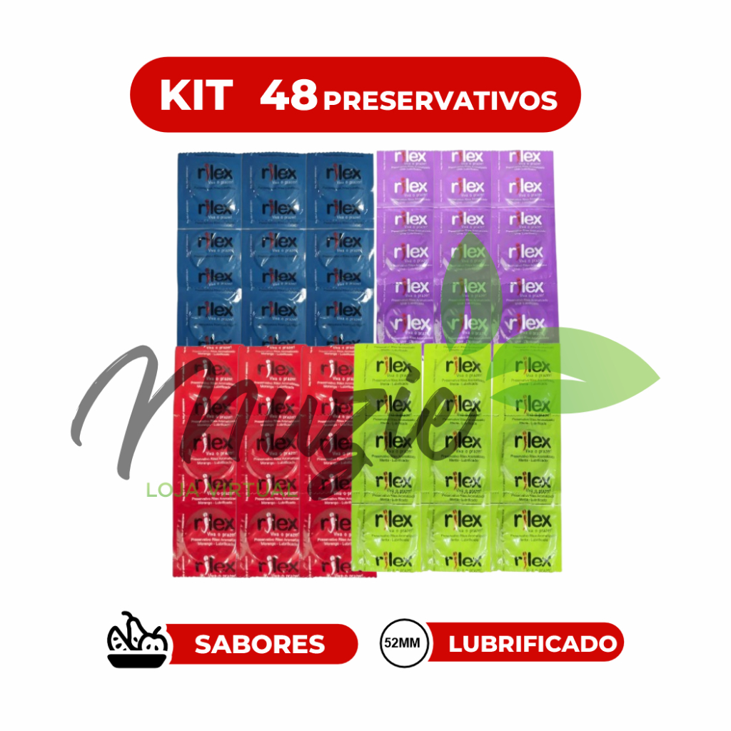 Kit 48 Presevativos Camisinha Rilex Sabor Morango, Menta e Uva Lubrificado