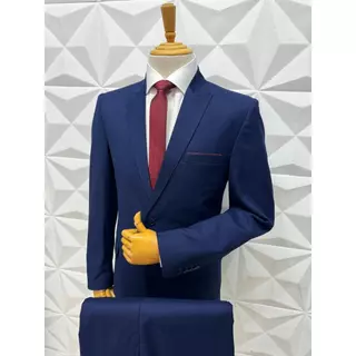 Terno Slim Masculino Azul Liso Tecido Poliviscose com Lapela Peaked