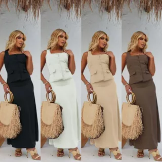 Conjunto Elegante Blusa com Alça e Saia Longa HQ125
