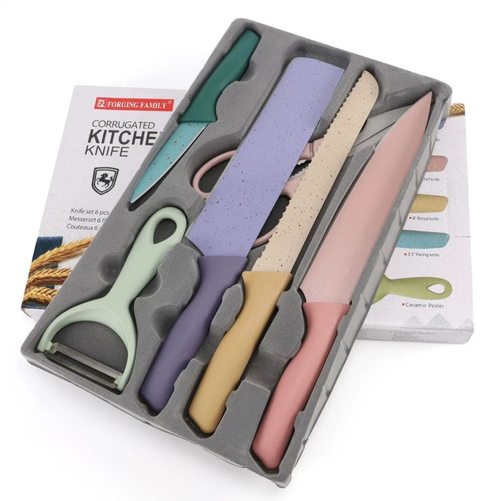 Kit de Conjunto Facas Coloridas Tesoura Descascador Cozinha Gourmet 6 Peças