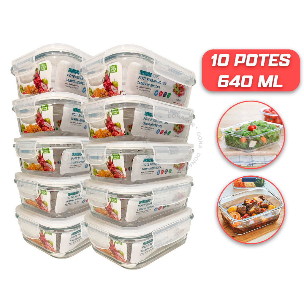 Kit 10 Potes de Vidro 640ml Hermético Marmita Fit com Tampa 4 Travas