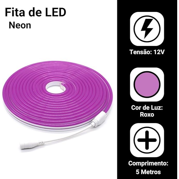 KIt 1 Ou 2 Fita Led Neon Roxo Com 5 Metros 12V Bivolt Flexivel ...