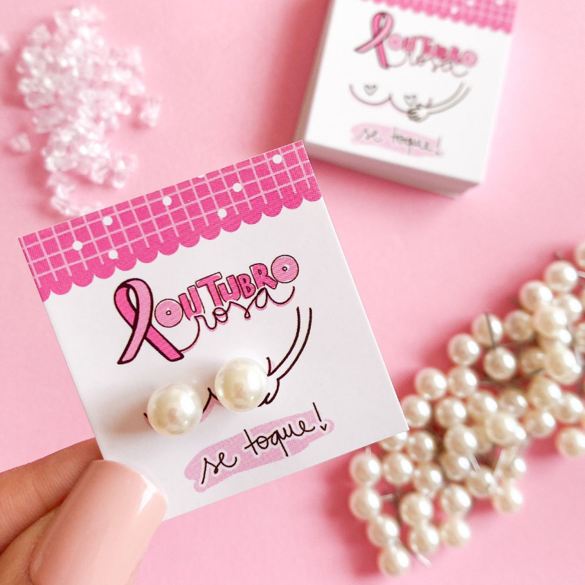 Brincos de Perola + Tag Outubro Rosa Mimo para clientes, eventos ...