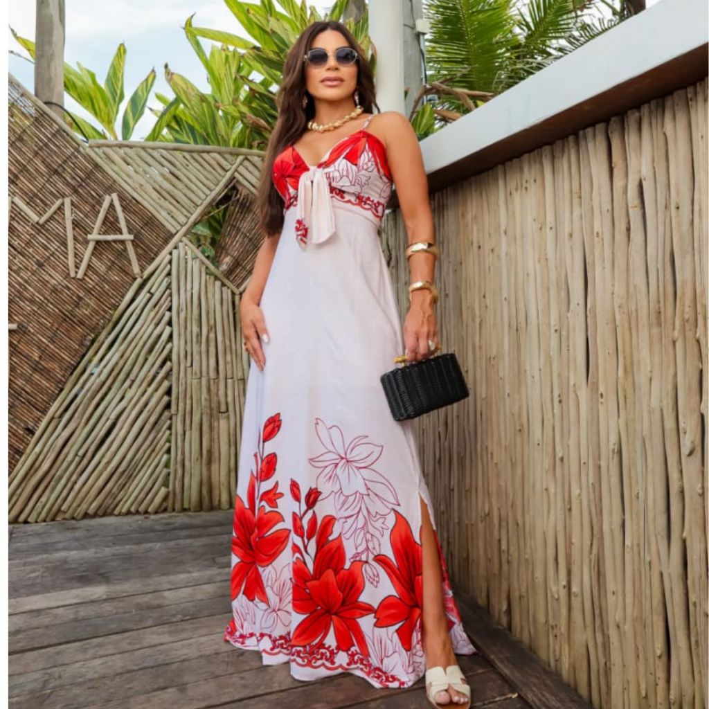 Vestido Longo Feminino Viscolinho Floreado Alça Regulavel
