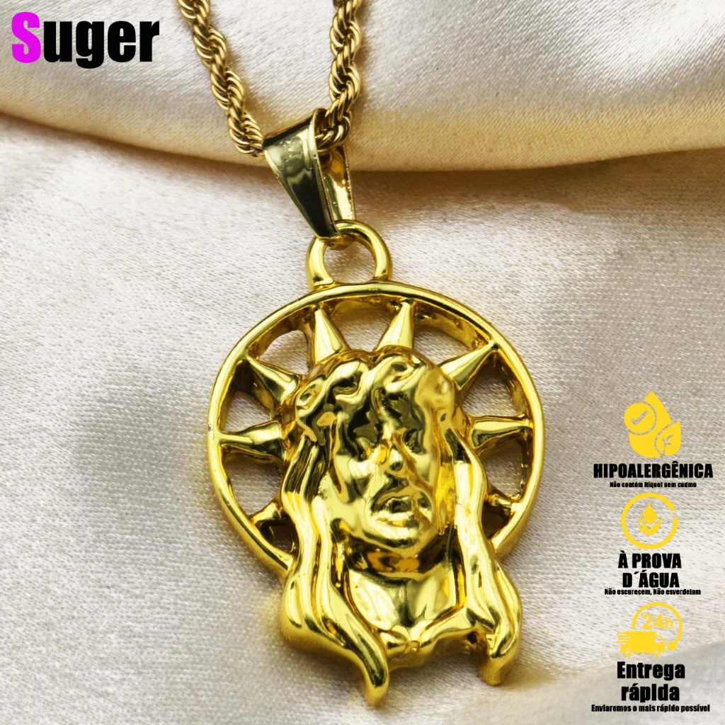 Colar Corrente de Pingente Face Rosto de Cristo Simples Banhado a Ouro ...