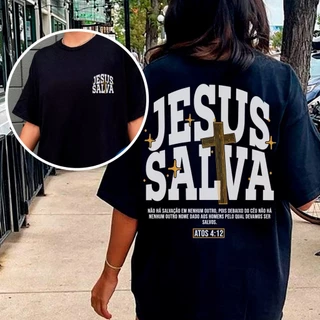 Camiseta Oversized Streetwear Feminina e Masculina Jesus Salva Blusa Larga Gola Canelada Cristã