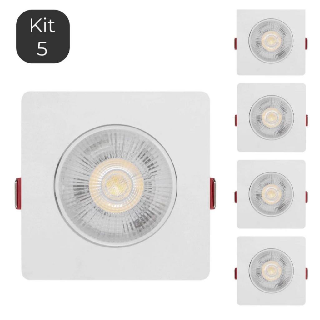 Kit 5 Luminária Led Spot 5W Redondo Quadrado Embutido Branco Frio Quente 3000k 6500k Bivolt