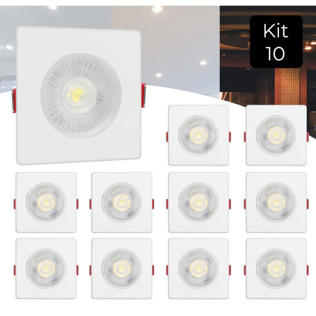 Kit 10 pcs Luminária Led Spot 7w Redondo Quadrado Embutido Branco Frio Quente 3000k 6500k Bivolt